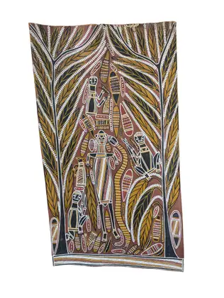 David Malangi Daymirringu, Manbarrngu (Mortuary Rights), 1984, natural earth pigments on bark, 123 x 69 cm