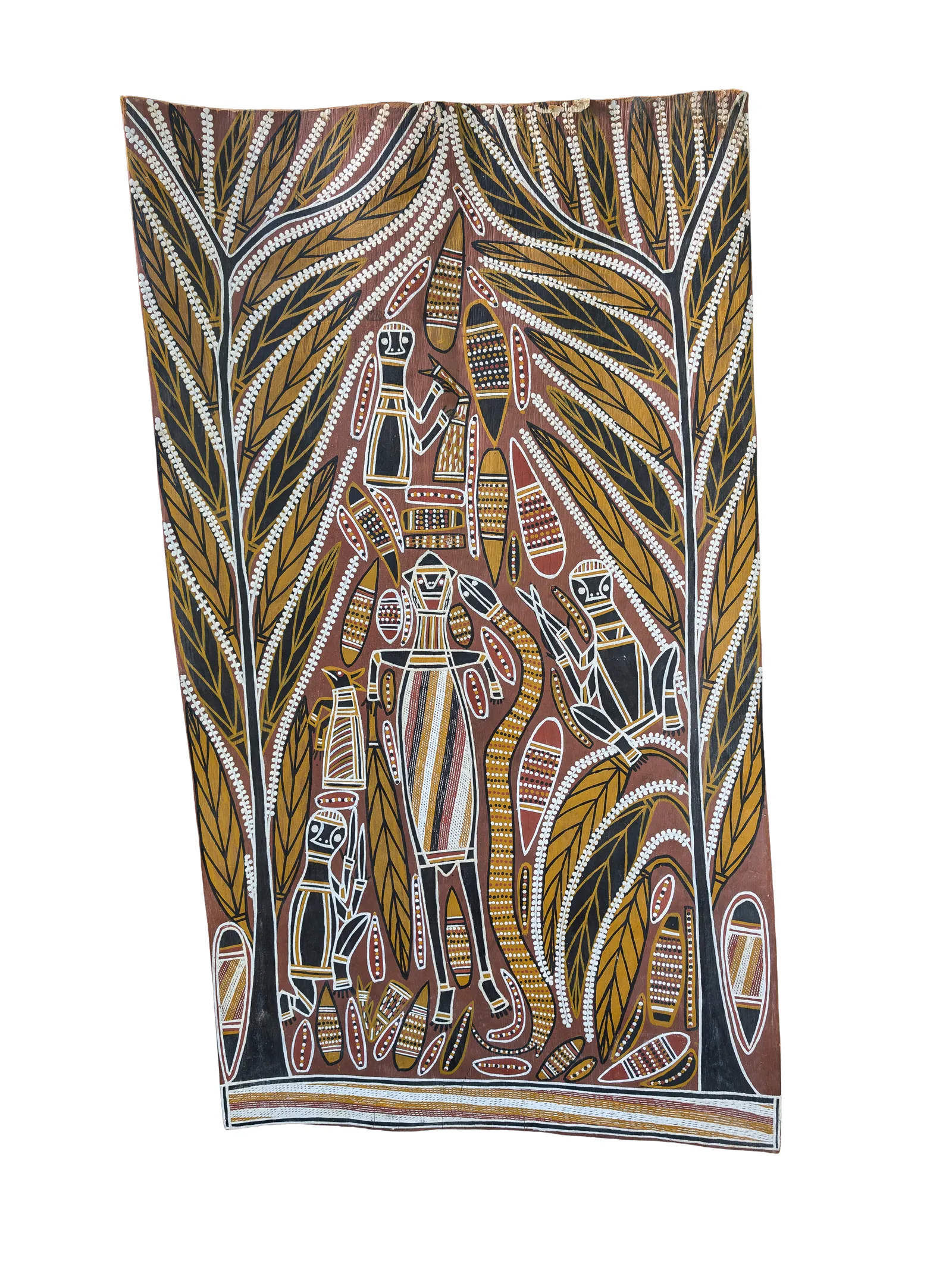 David Malangi Daymirringu, Manbarrngu (Mortuary Rights), 1984, natural earth pigments on bark, 123 x 69 cm