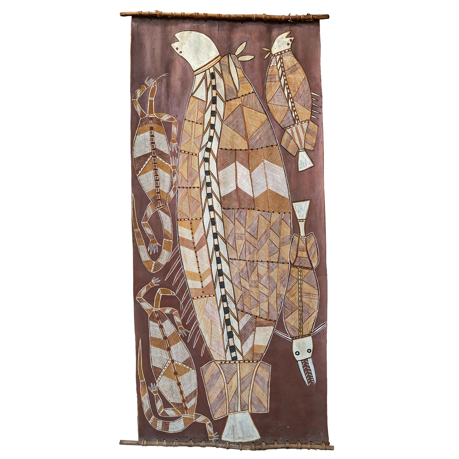George Djaymgurrnga, Big White Barramundi (2 water goannas / sawfish), 1984, natural earth pigments on bark, 142 x 65 cm