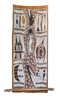 Malanji, The Gurrumiringu Myth, natural earth pigments on bark, 76 x 31 cm