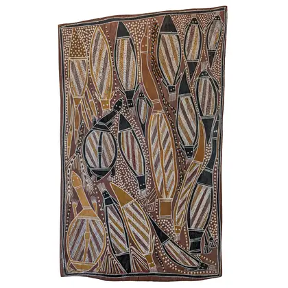 Robert Berranju, Freshwater Dreaming, Walawarri (Catfish Eel), Bandar (Northern long neck tortoise), Burala (Diver Duck) (Darter), natural earth pigments on bark, 83 x 50 cm