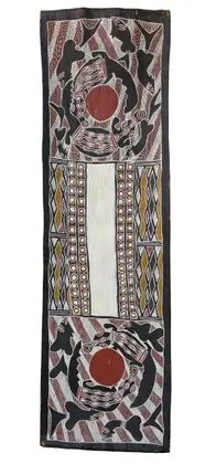 Mutitpuy, Dinbal the Crocodile, natural earth pigments on bark, 130.5 x 40 cm