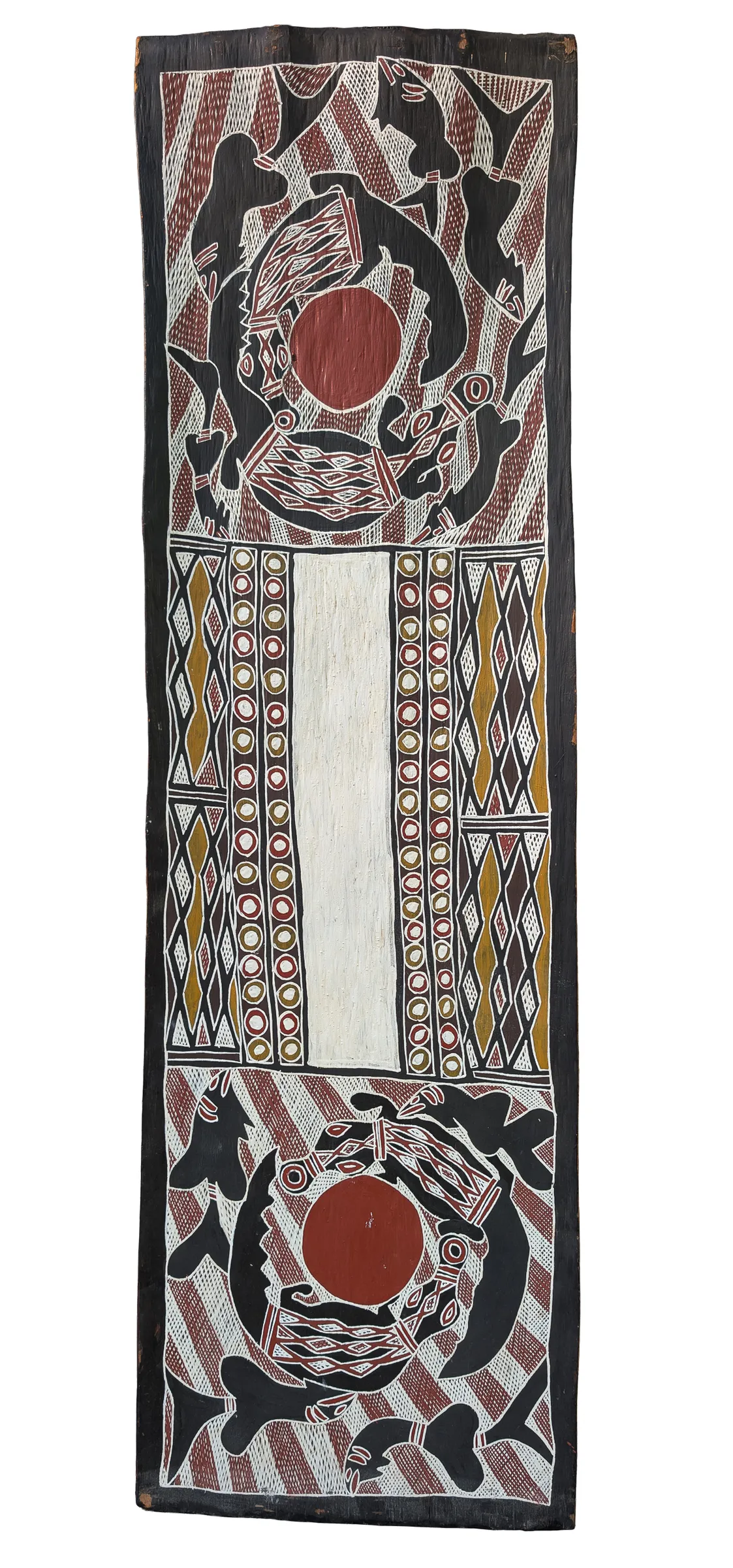 Mutitpuy, Dinbal the Crocodile, natural earth pigments on bark, 130.5 x 40 cm
