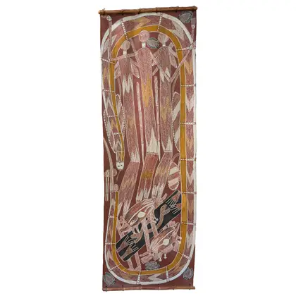 Thompson Ulitjirri, The Yirrawadbad Myth, natural earth pigments on bark, 149 x 50 cm