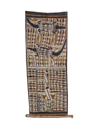 Marrira Marawili, Fire Dreaming Myth, natural earth pigments on bark, 129 x 51 cm