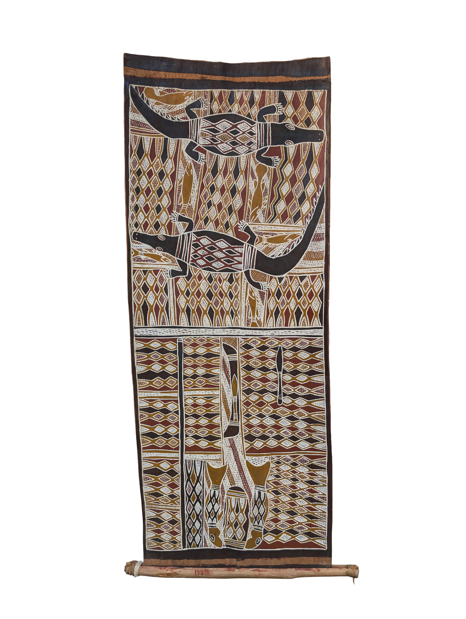 Marrira Marawili, Fire Dreaming Myth, natural earth pigments on bark, 129 x 51 cm