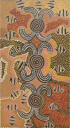 Billy Stockman Tjapaltjarri, Kangaroo Dreaming, 1973, synthetic polymer paint on canvas board, 61 x 45 cm