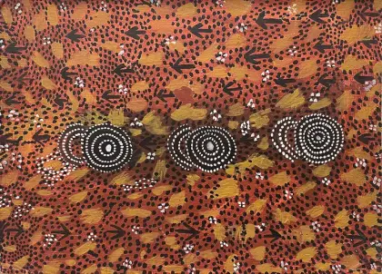Tim Leura Tjapaltjarri, Emu Dreaming, c.1980, synthetic polymer paint on canvas board, 76 x 55 cm