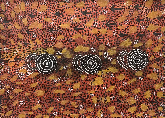 Tim Leura Tjapaltjarri, Emu Dreaming, c.1980, synthetic polymer paint on canvas board, 76 x 55 cm