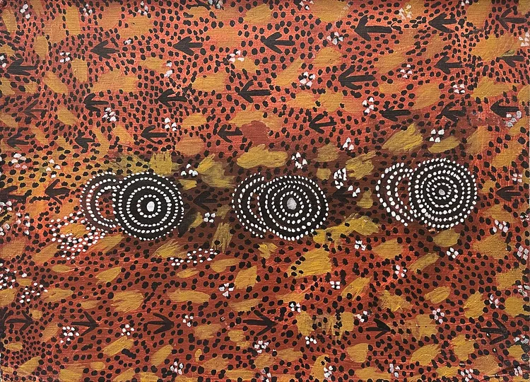 Tim Leura Tjapaltjarri, Emu Dreaming, c.1980, synthetic polymer paint on canvas board, 76 x 55 cm