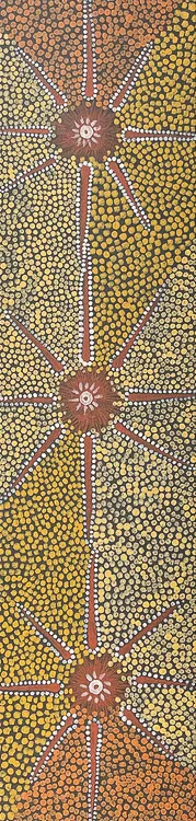 Clifford Possum Tjapaltjarri, Bushfire Dreaming, 1978, synthetic polymer paint on canvas board, 89 x 22 cm
