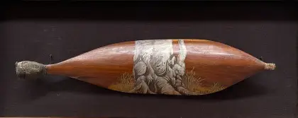 Albert Namatjira, Untitled, c.1950, natural earth pigments on carved wood, 82 x 33 cm