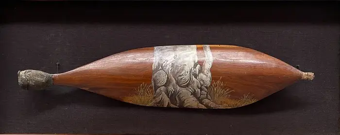 Albert Namatjira, Untitled, c.1950, natural earth pigments on carved wood, 82 x 33 cm