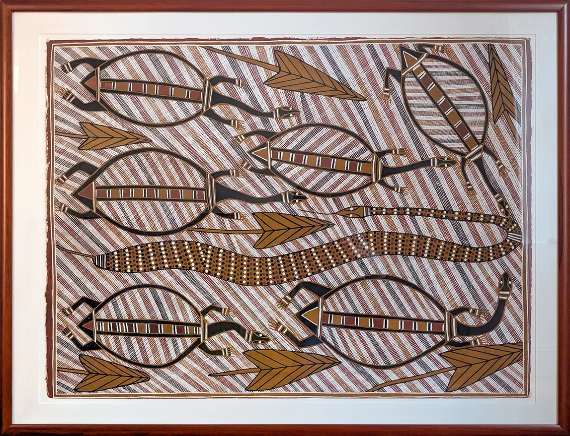 George Milpurrurru, Arafura Swamp Scene, c.1990, 76 x 102 cm, 92 x 120 cm frame