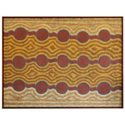 Turkey Tolson Tjupurrula, Two Travelling Women, 1988, synthetic polymer paint on canvas, 90 x 135 cm