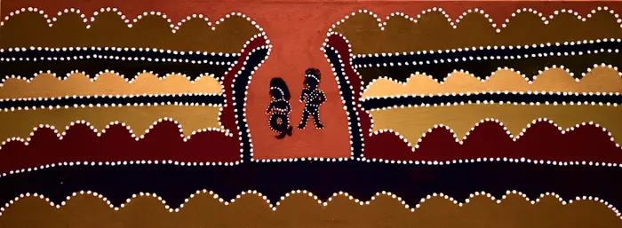 Madigan Thomas, Ngalil And Jiyliny (Man And Woman), 2007, natural earth pigments on canvas, 45 x 120 cm