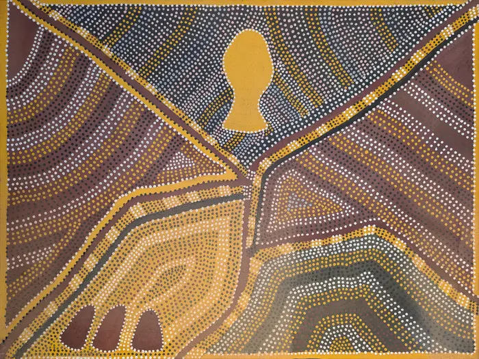 Madigan Thomas, Goorlabal Ngarrangkarni (Rainbow Snake Dreaming), 1999, natural earth pigments on plywood, 90 x 120 cm