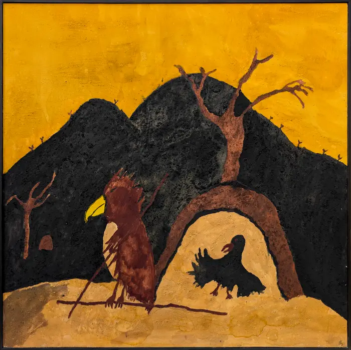 Peter Thomas, Eagle and Crow Dreaming, 2026, natural earth pigments on plywood, 59.5 x 59.5 cm ; 61 x 61 cm frame
