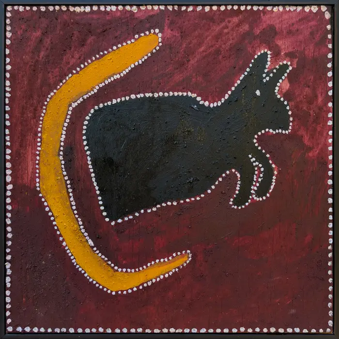 Peter Thomas, Tawurr - Half Kangaroo, 2026, natural earth pigments on plywood, 30 x 30 cm ; 31 x 31 cm frame
