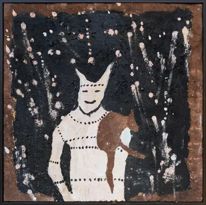 Peter Thomas, Duwari Hunting Kangaroo, 2026, natural earth pigments on plywood, 30 x 30 cm ; 31 x 31 cm frame