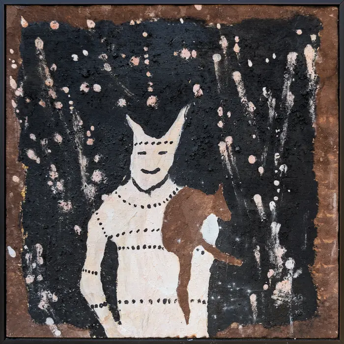Peter Thomas, Duwari Hunting Kangaroo, 2026, natural earth pigments on plywood, 30 x 30 cm ; 31 x 31 cm frame