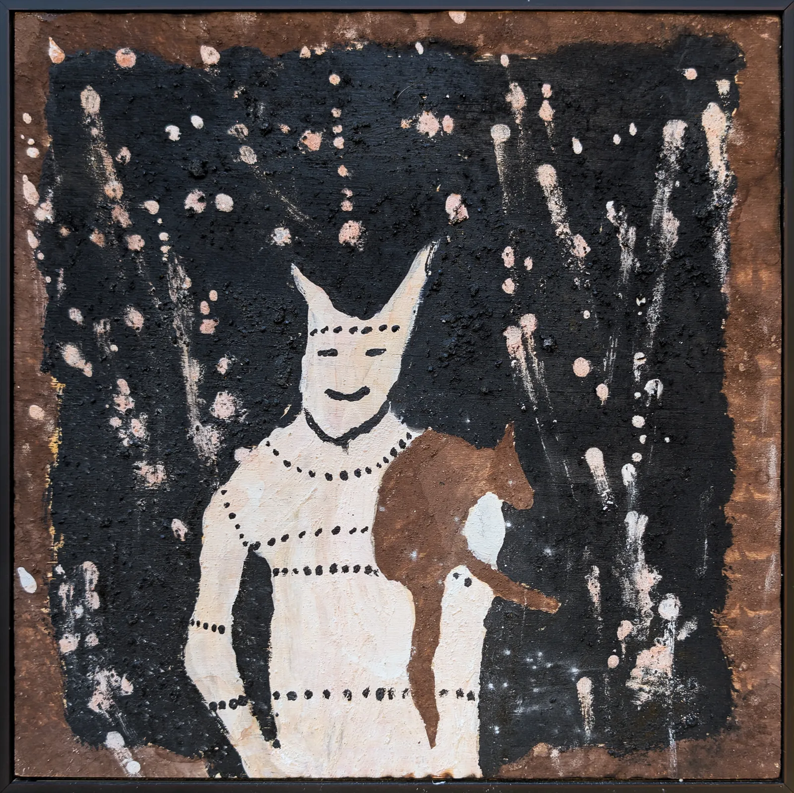 Peter Thomas, Duwari Hunting Kangaroo, 2026, natural earth pigments on plywood, 30 x 30 cm ; 31 x 31 cm frame