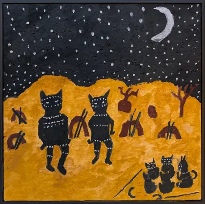 Peter Thomas, Night Corroborree, 2026, natural earth pigments on plywood, 30 x 30 cm ; 31 x 31 cm frame