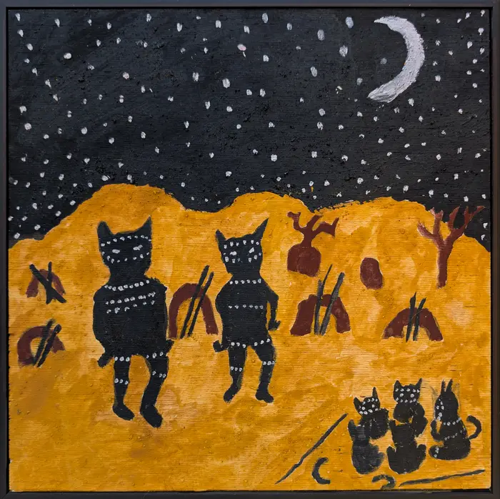 Peter Thomas, Night Corroborree, 2026, natural earth pigments on plywood, 30 x 30 cm ; 31 x 31 cm frame
