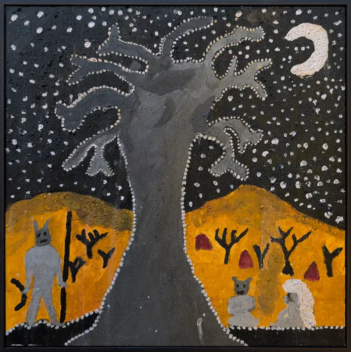 Peter Thomas, Duwari stealing wife, 2025, natural earth pigments on plywood, 30 x 30 cm ; 31 x 31 cm frame
