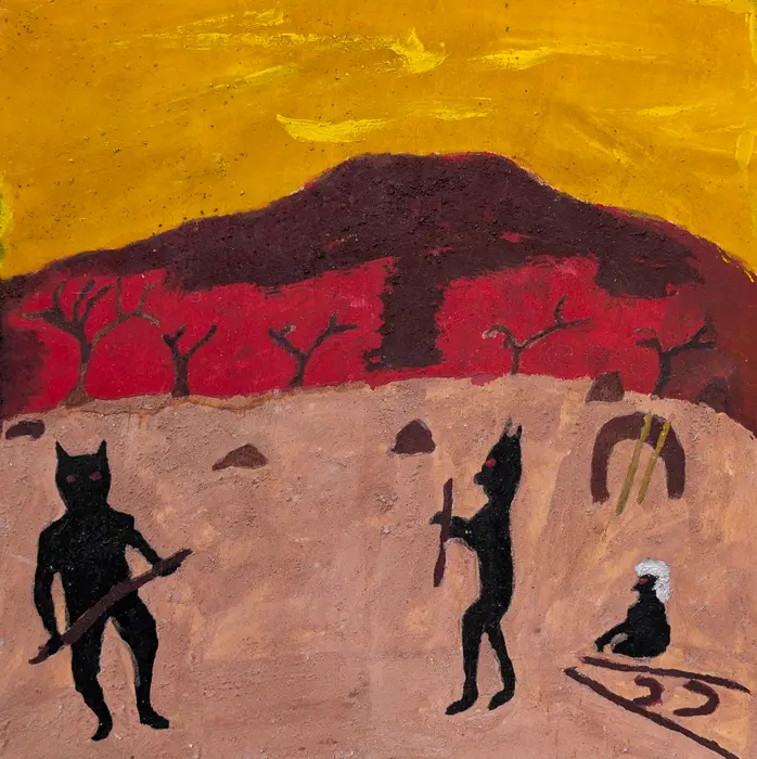 Peter Thomas, Duwari Stealing Wife, 2025, natural earth pigments on plywood, 30 x 30 cm