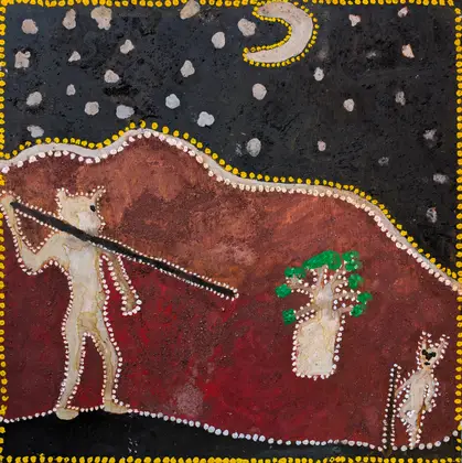 Peter Thomas, Two Duwari Fighting, 2025, natural earth pigments on plywood, 30 x 30 cm