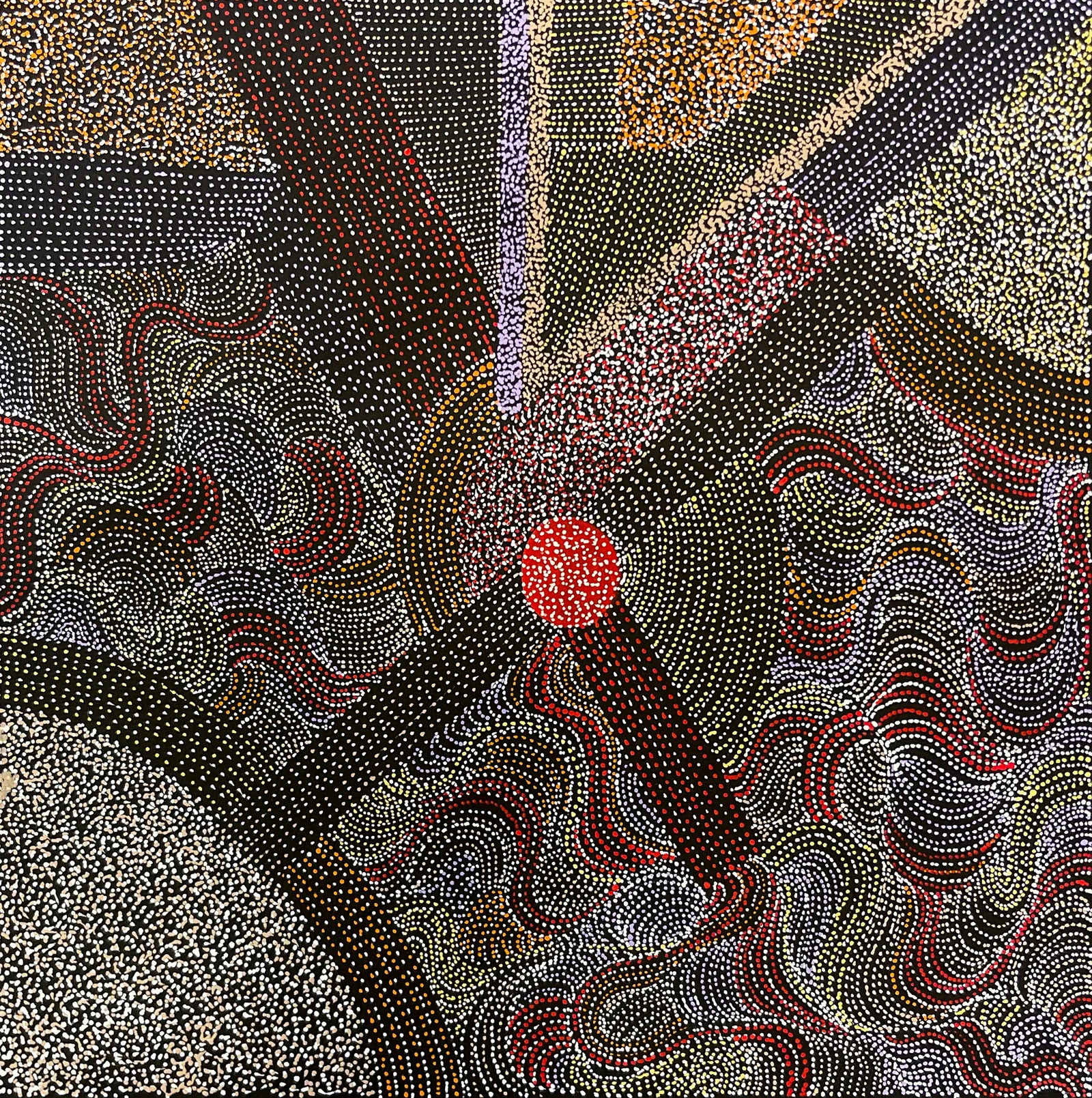 Abie Loy Kemarre, Bush Turkey Design, 2026, synthetic polymer paint on canvas, 62 x 62 cm