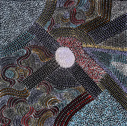 Abie Loy Kemarre, Bush Turkey Design, 2026, synthetic polymer paint on canvas, 30 x 30 cm