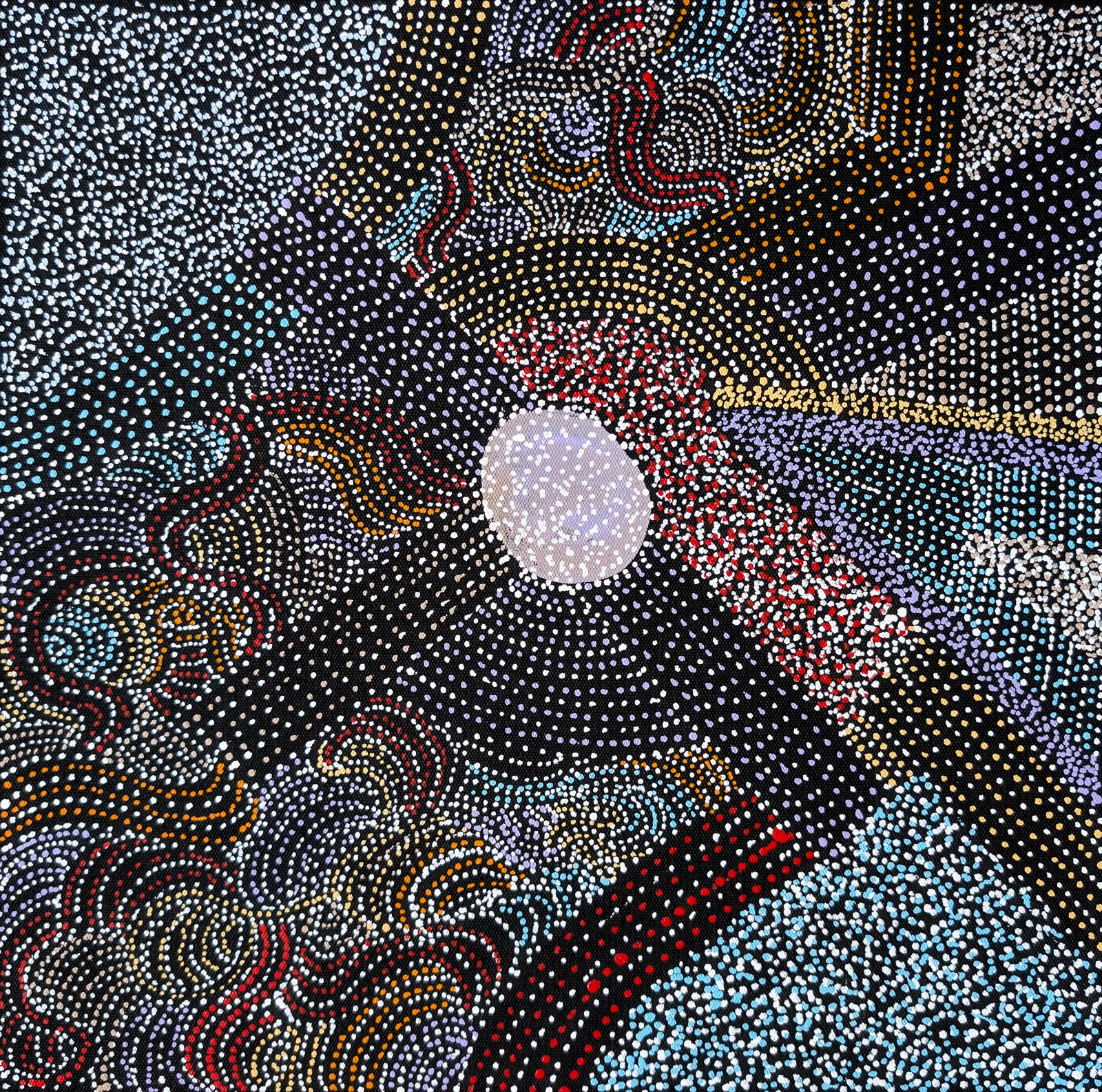 Abie Loy Kemarre, Bush Turkey Design, 2026, synthetic polymer paint on canvas, 30 x 30 cm