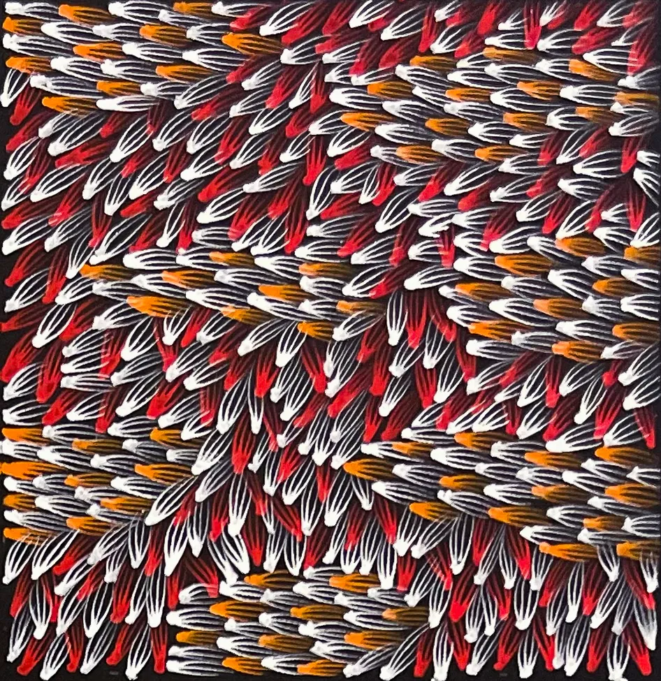 Abie Loy Kemarre, Bush Medicine Leaf, 2026, synthetic polymer paint on canvas, 30.5 x 30 cm