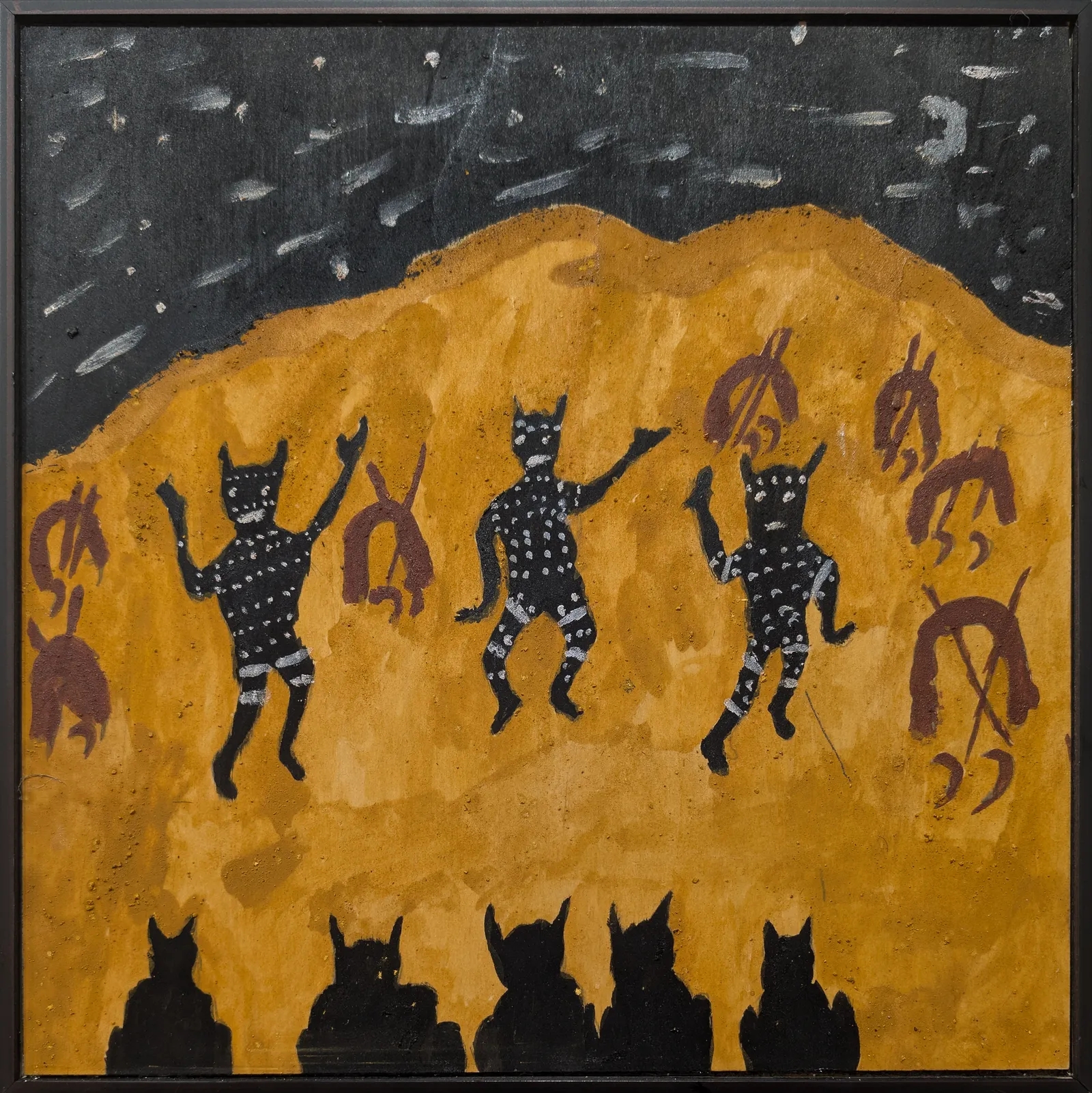 Peter Thomas, Night Corroboree, 2026, natural earth pigments on plywood, 30 x 30 cm ; 31 x 31 cm frame
