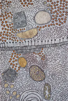 Yinarupa Gibson Nangala, Women's Ceremony / My Country, 2014, synthetic polymer paint on Belgian linen, 180 x 120 cm