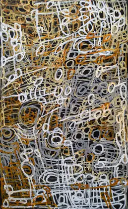 Charmaine Pwerle, Awelye, 2016, synthetic polymer paint on linen, 90 x 150 cm