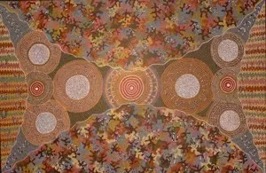 Peter Leo Tjakamarra, Men's Dreaming, Coniston Station, 1990, synthetic polymer paint on canvas, 128 x 190 cm