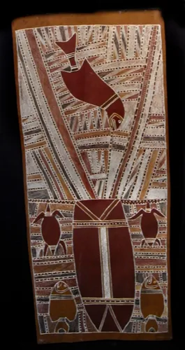 Mickey Ganambarr Daypurryun, Djankawul Sisters at Galiwinku, 1986, natural earth pigments on bark, 102x46cm