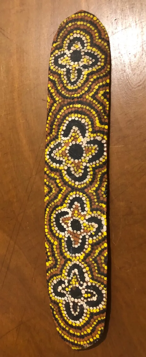 Louis Karadada, Yukarrukarra Dance Board, synthetic polymer paint on wood, 44.5 x 9 cm