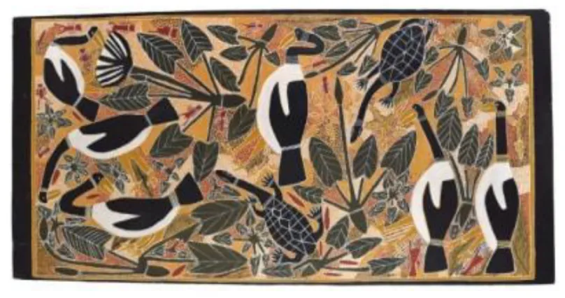 Jimmy Djilminy, Magpie Geese and Turtle, 1999, natural earth pigments on plywood, 90 x 182 cm