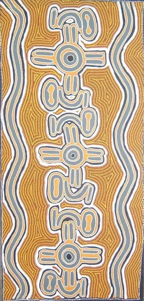 Jimmy Jampijinpa Robertson, Tree Seed Dreaming, 1997, synthetic polymer paint on Belgian linen, 203 x 96 cms
