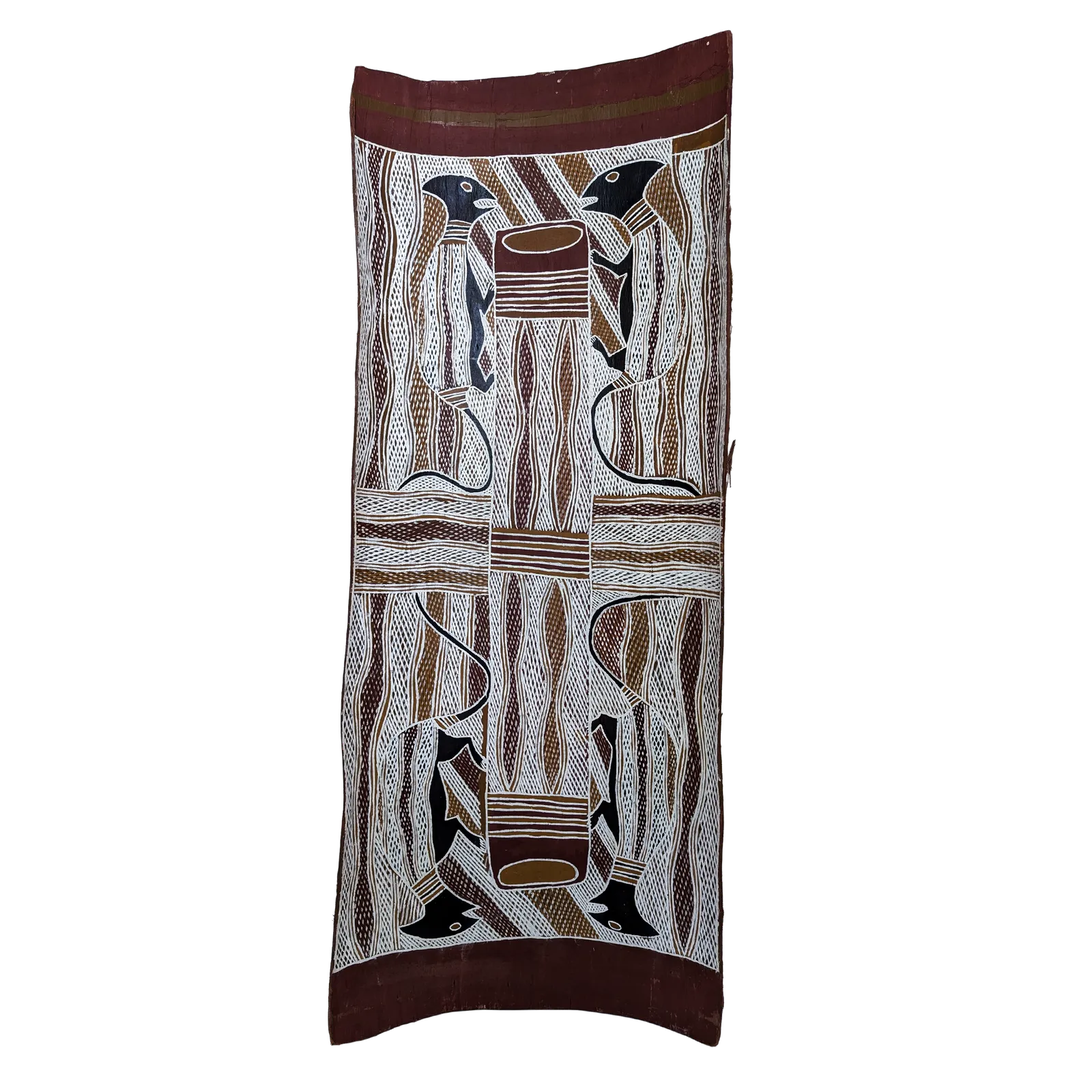 Narrawu Wanambi, Marrnu at Djarrakpi, 1990, natural earth pigments on bark, 44 x 107 cm