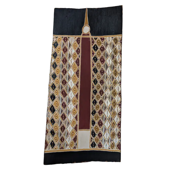 James Gaykamangu, Niwuda - Wild Honey Totem, 1992, natural earth pigments on bark, 60 x 117cm