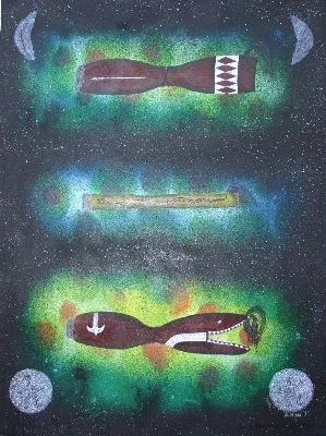 Billy Missi, Lagaw Warupal (Island Drums), synthetic polymer paint on paper, 75.5 x 56.5 cm