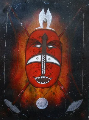 Billy Missi, Keobu Ka (Going to War), synthetic polymer paint on paper, 75.5 x 56.5 cm