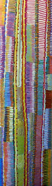 Eunice Napanangka Jack, Bush Flowers at Tjukurla, 2008, synthetic polymer paint on linen, 45 x 165 cm