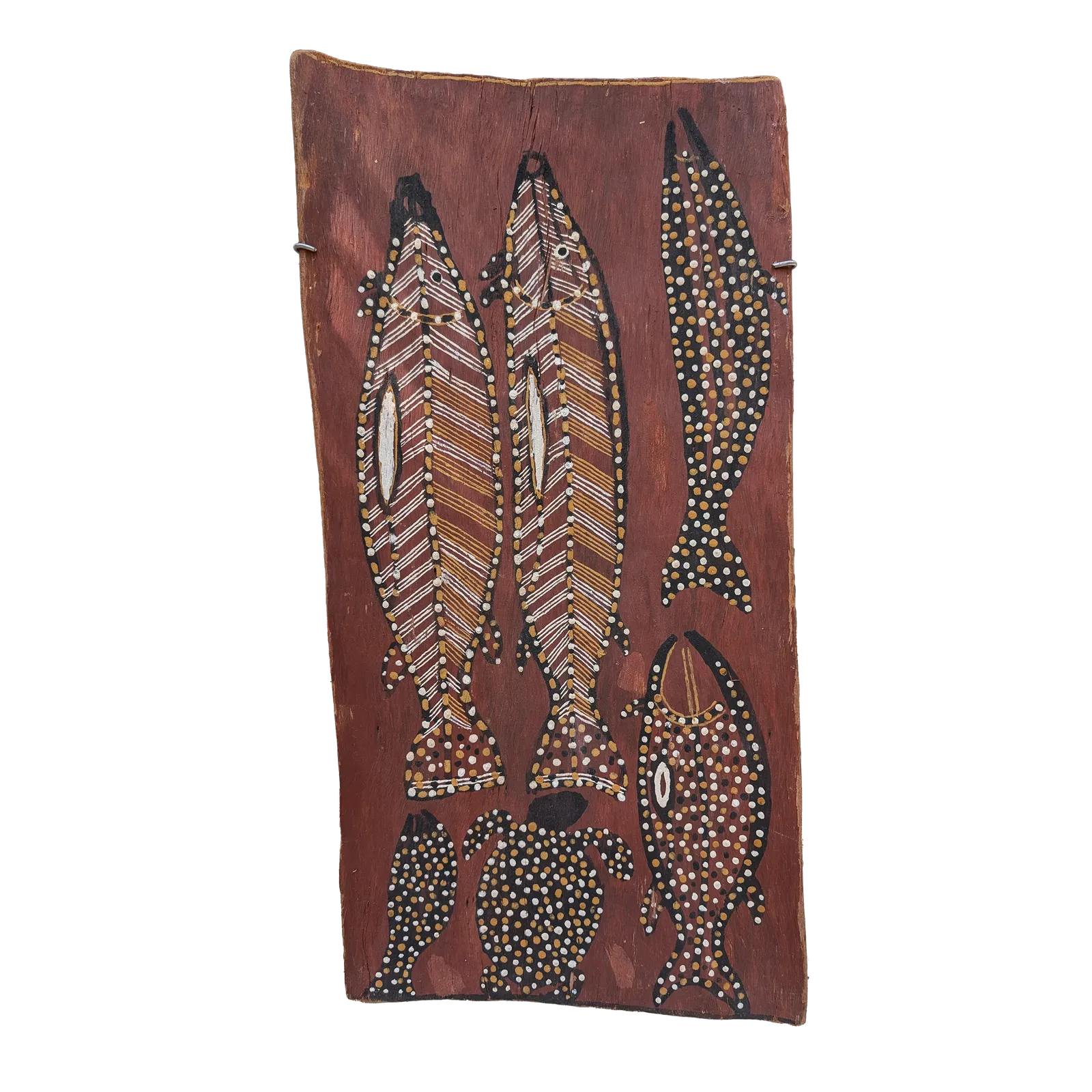 Jimmy Jambalulu, Fishes & Turtles, c. 1980, natural earth pigments on bark, 54 x 27cm