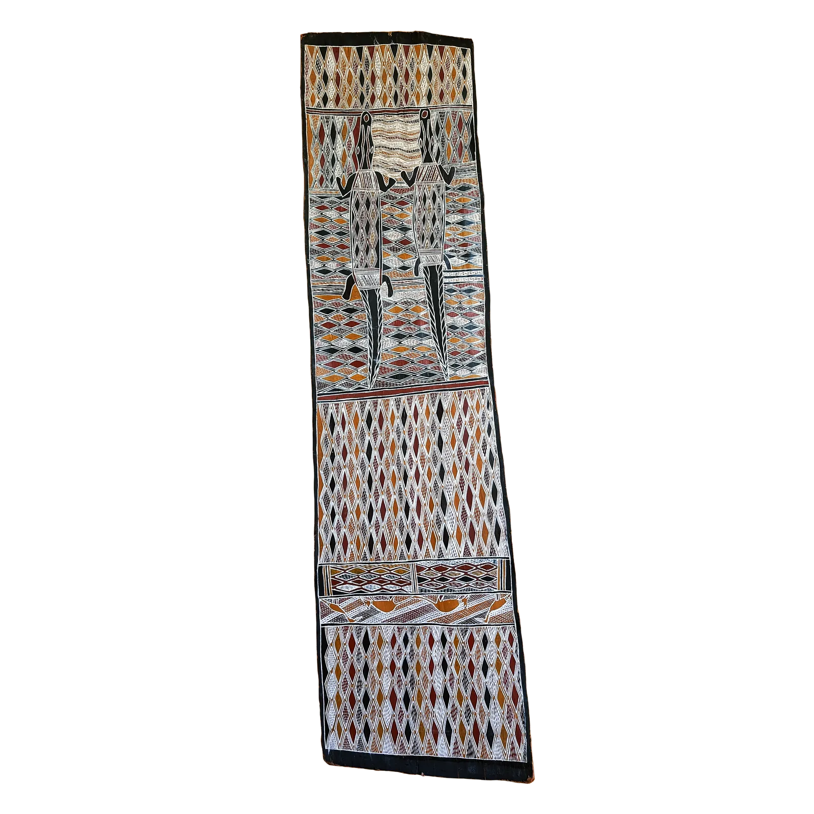 Gurrundul Marawili, Baru at Baykuldji, 1999, natural earth pigments on bark, 174 x 43 cm